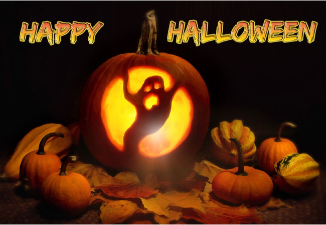 happy halloween with a ghost carved pumpkin